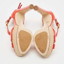 Pre Owned Miu Miu Red Patent Leather Platform Cross  Strap Sandals Size 37