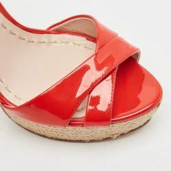 Pre Owned Miu Miu Red Patent Leather Platform Cross  Strap Sandals Size 37