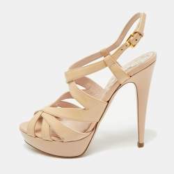 Miu Miu Nude Patent Leather Platform Ankle Strap Sandals Size 37.5