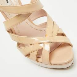 Pre Owned Miu Miu Nude Patent Leather Platform Ankle Strap Sandals Size 37.5