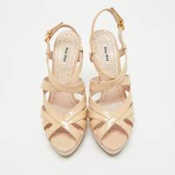 Pre Owned Miu Miu Nude Patent Leather Platform Ankle Strap Sandals Size 37.5