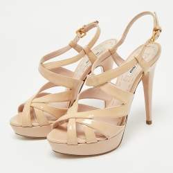 Pre Owned Miu Miu Nude Patent Leather Platform Ankle Strap Sandals Size 37.5