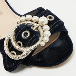 Miu Miu Navy Blue Velvet Embellished Flat Slides Size 39.5