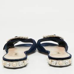 Miu Miu Navy Blue Velvet Embellished Flat Slides Size 39.5