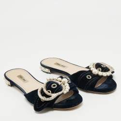 Miu Miu Navy Blue Velvet Embellished Flat Slides Size 39.5