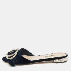 Miu Miu Navy Blue Velvet Embellished Flat Slides Size 39.5