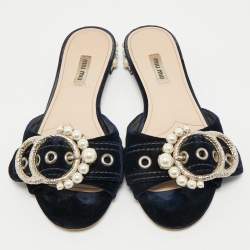 Miu Miu Navy Blue Velvet Embellished Flat Slides Size 39.5