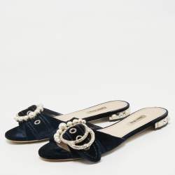 Miu Miu Navy Blue Velvet Embellished Flat Slides Size 39.5