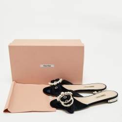 Miu Miu Navy Blue Velvet Embellished Flat Slides Size 39.5