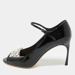 Miu Miu Black Patent Leather Crystal Embellished  Peep Toe Pumps Size 37.5