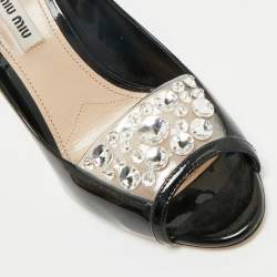 Miu Miu Black Patent Leather Crystal Embellished  Peep Toe Pumps Size 37.5