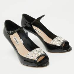 Miu Miu Black Patent Leather Crystal Embellished  Peep Toe Pumps Size 37.5
