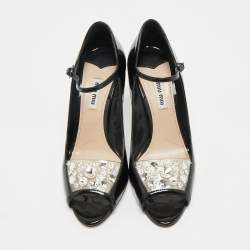 Miu Miu Black Patent Leather Crystal Embellished  Peep Toe Pumps Size 37.5