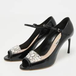 Miu Miu Black Patent Leather Crystal Embellished  Peep Toe Pumps Size 37.5