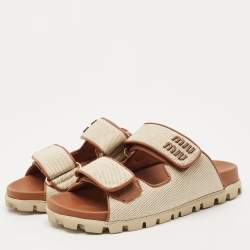 Miu Miu Beige/Brown Canvas and Leather Neutral Mules Size 36.5