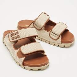 Miu Miu Beige/Brown Canvas and Leather Neutral Mules Size 36.5