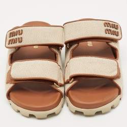 Miu Miu Beige/Brown Canvas and Leather Neutral Mules Size 36.5