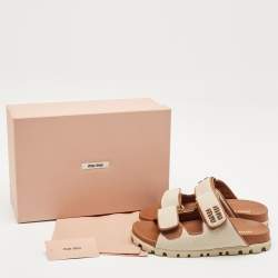 Miu Miu Beige/Brown Canvas and Leather Neutral Mules Size 36.5