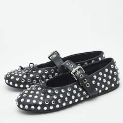 Miu Miu Black Leather Crystal Embellished Ballet Flats Size 37.5