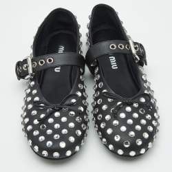 Miu Miu Black Leather Crystal Embellished Ballet Flats Size 37.5