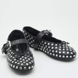 Miu Miu Black Leather Crystal Embellished Ballet Flats Size 37.5