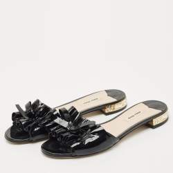 Miu Miu Black  Patent Leather Crystal Embellished Slide Sandals Size 39
