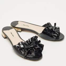 Miu Miu Black  Patent Leather Crystal Embellished Slide Sandals Size 39