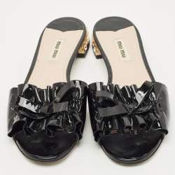 Miu Miu Black  Patent Leather Crystal Embellished Slide Sandals Size 39