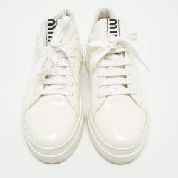 Miu Miu White Patent Leather Crystal Embellished Platform Low Top Sneakers Size 39