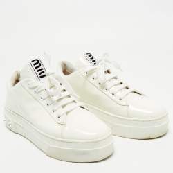 Miu Miu White Patent Leather Crystal Embellished Platform Low Top Sneakers Size 39