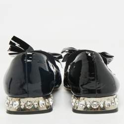 Miu Miu Black Patent Leather Crystals Embellished Bow Ballet Flats Size 41