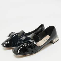 Miu Miu Black Patent Leather Crystals Embellished Bow Ballet Flats Size 41