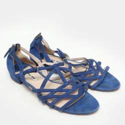 Pre Owned Miu Miu Blue Suede Buckle Detail Strappy Flat Sandals Size 38