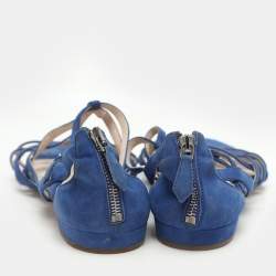 Pre Owned Miu Miu Blue Suede Buckle Detail Strappy Flat Sandals Size 38