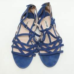 Pre Owned Miu Miu Blue Suede Buckle Detail Strappy Flat Sandals Size 38
