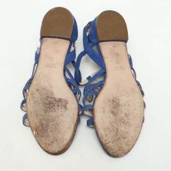 Pre Owned Miu Miu Blue Suede Buckle Detail Strappy Flat Sandals Size 38