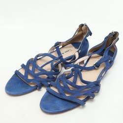 Pre Owned Miu Miu Blue Suede Buckle Detail Strappy Flat Sandals Size 38