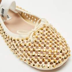 Pre Owned Miu Miu Cream Suede Stud Embellished Ballet Flats Size 39.5