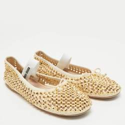 Pre Owned Miu Miu Cream Suede Stud Embellished Ballet Flats Size 39.5