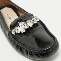 Pre Owned Miu Miu Black Patent Leather Crystals Embellished Loafers Size 38