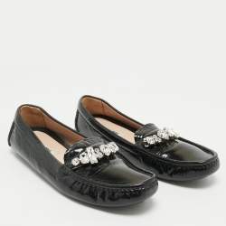 Pre Owned Miu Miu Black Patent Leather Crystals Embellished Loafers Size 38