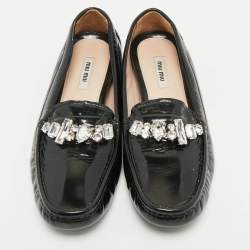 Pre Owned Miu Miu Black Patent Leather Crystals Embellished Loafers Size 38