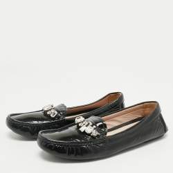 Pre Owned Miu Miu Black Patent Leather Crystals Embellished Loafers Size 38