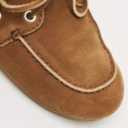 Pre Owned Miu Miu Brown Suede Logo Embossed Bow Loafers Size 36.5