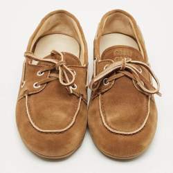 Pre Owned Miu Miu Brown Suede Logo Embossed Bow Loafers Size 36.5