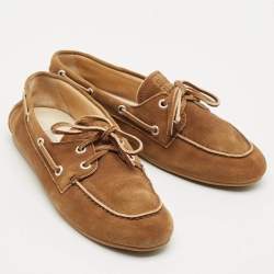 Pre Owned Miu Miu Brown Suede Logo Embossed Bow Loafers Size 36.5