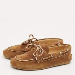 Pre Owned Miu Miu Brown Suede Logo Embossed Bow Loafers Size 36.5