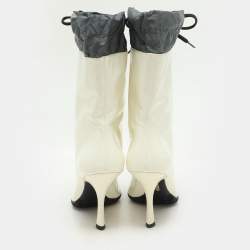 Pre Owned Miu Miu Cream/Grey Patent Leather and Nylon Ankle Length Boots Size 41