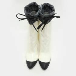Pre Owned Miu Miu Cream/Grey Patent Leather and Nylon Ankle Length Boots Size 41