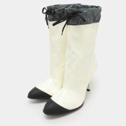 Pre Owned Miu Miu Cream/Grey Patent Leather and Nylon Ankle Length Boots Size 41